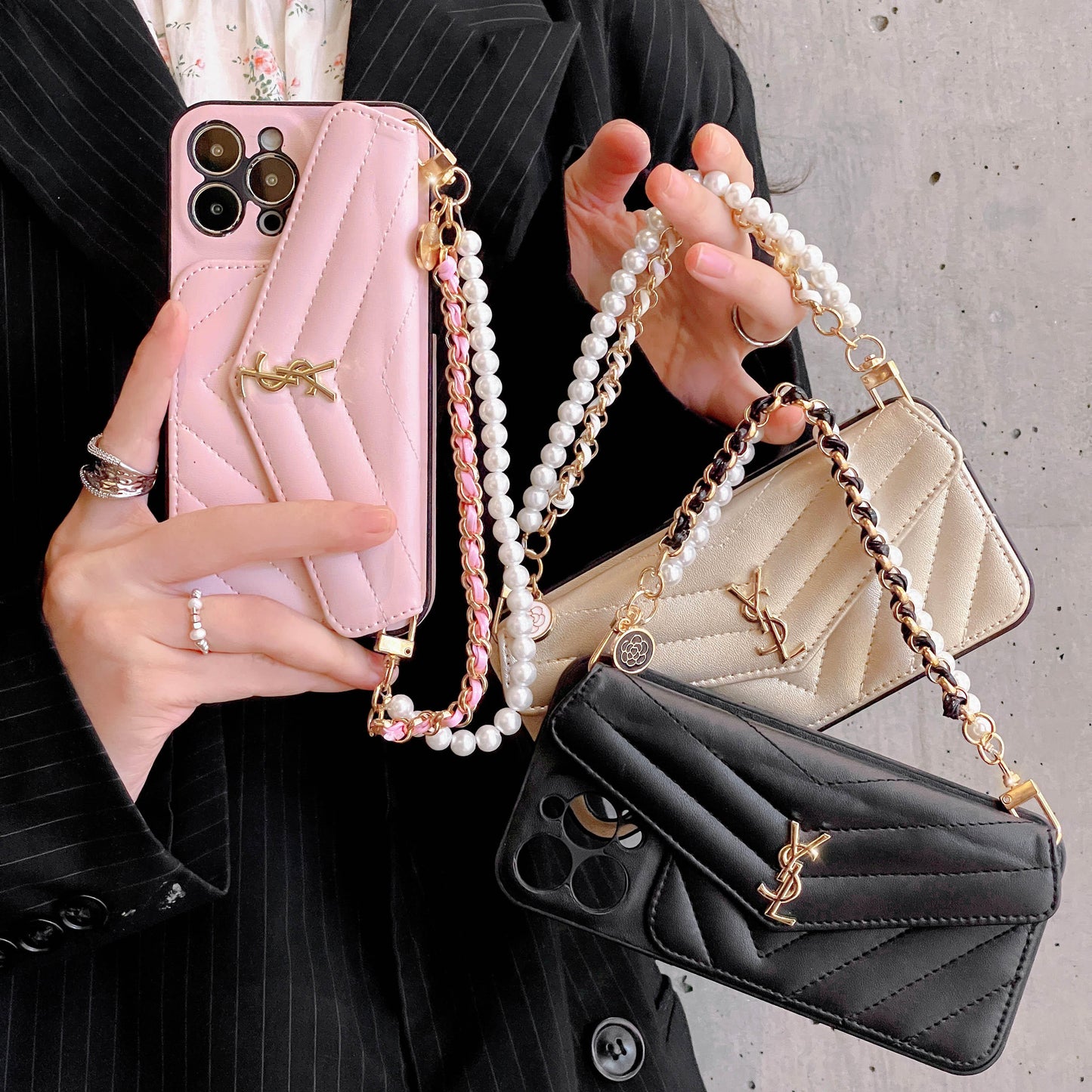 Leather Pearl Hand Strap Card Holder Case