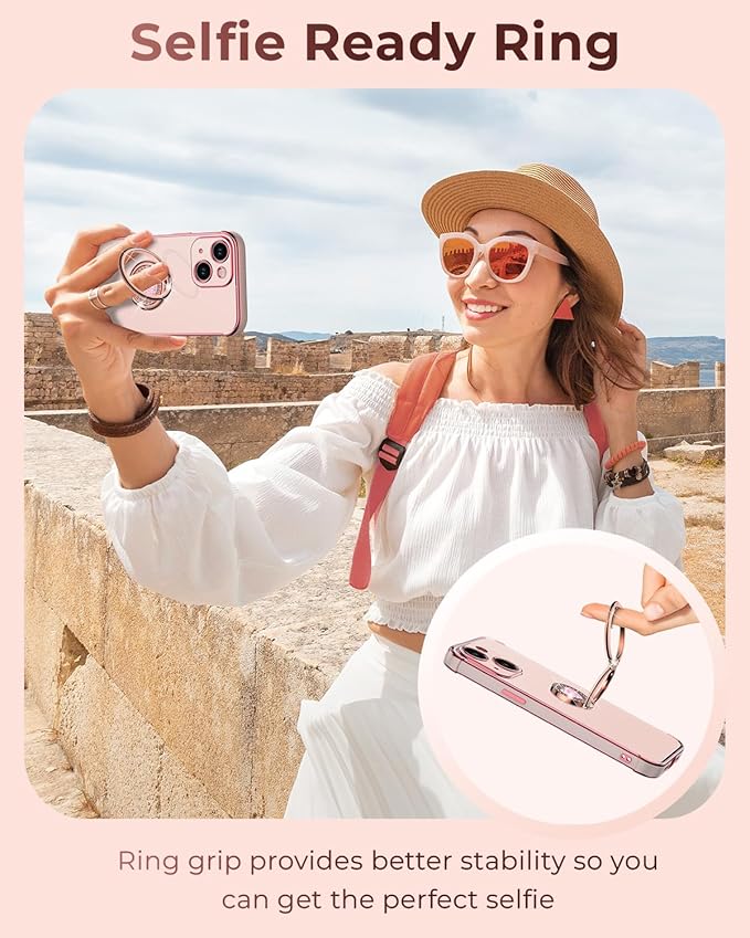 XYZ for iPhone 14 Case with Stand, Phone Case with Double Ring Kickstand, Women Girls Bling Protective Case Heart for iPhone 14, Pink