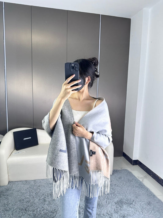 Cashmere double-sided purple natural color and deep gray transition large shawl