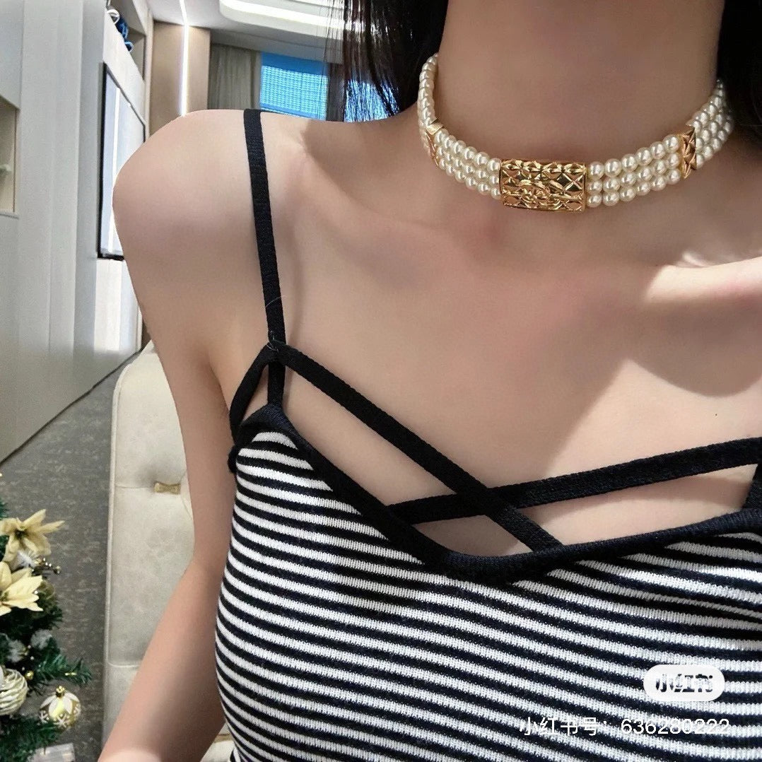 Golden three-layer bag pearl necklace