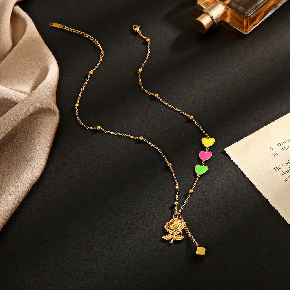 Colored Heart Rose Pendant Necklace