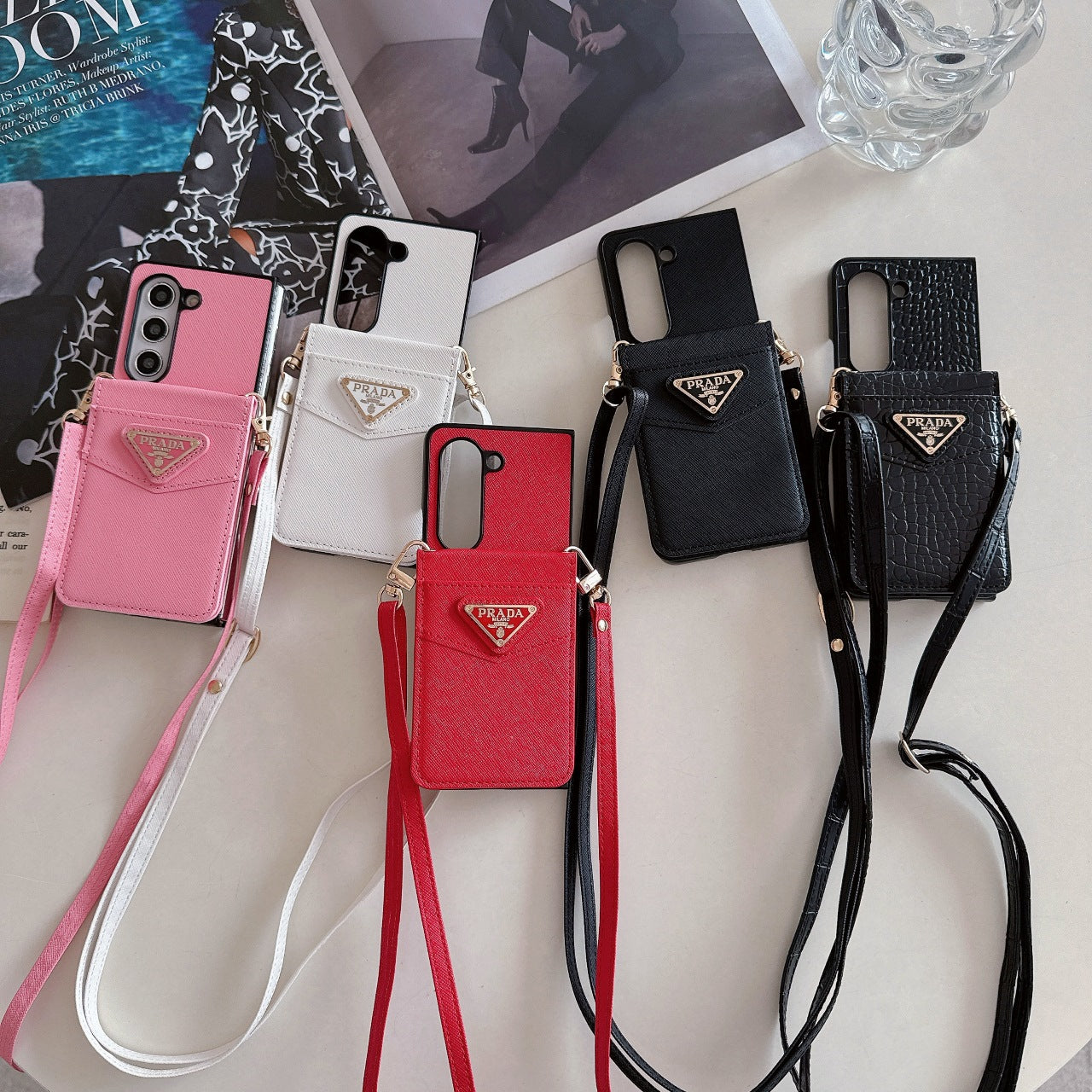 Leather Lanyard Crossbody Triangle Label Fold Case