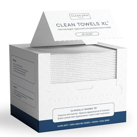 Clean Skin Club , 100% USDA Biobased Face Towel, Disposable Face Towelette, Eczema Association Accepted, Makeup Remover Dry Wipes, Ultra Soft, 50 Ct, 1 Pack