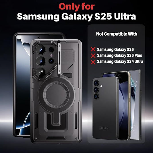 Strong Magnetic for Samsung Galaxy S25 Ultra Case, [Compatible with Magsafe][Camera Cover Stand][Military-Grade Drop Protection] Heavy Duty Protective Phone Case for S25 Ultra 6.9", Black