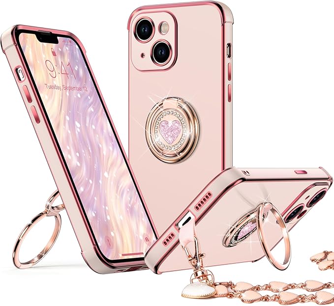 XYZ for iPhone 14 Case with Stand, Phone Case with Double Ring Kickstand, Women Girls Bling Luxury Protective Case Heart for iPhone 14, Pink