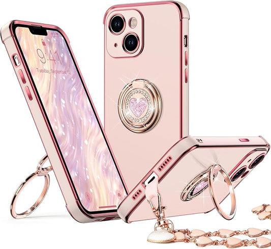 XYZ for iPhone 14 Case with Stand, Phone Case with Double Ring Kickstand, Women Girls Bling Luxury Protective Case Heart for iPhone 14, Pink