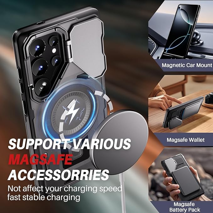 Strong Magnetic for Samsung Galaxy S25 Ultra Case, [Compatible with Magsafe][Camera Cover Stand][Military-Grade Drop Protection] Heavy Duty Protective Phone Case for S25 Ultra 6.9", Black