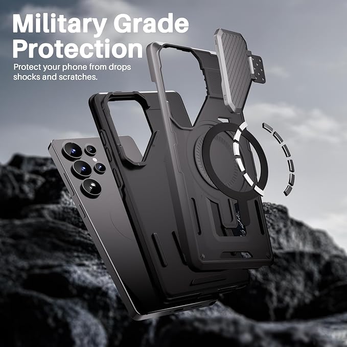 Strong Magnetic for Samsung Galaxy S25 Ultra Case, [Compatible with Magsafe][Camera Cover Stand][Military-Grade Drop Protection] Heavy Duty Protective Phone Case for S25 Ultra 6.9", Black