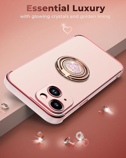 XYZ for iPhone 14 Case with Stand, Phone Case with Double Ring Kickstand, Women Girls Bling Luxury Protective Case Heart for iPhone 14, Pink