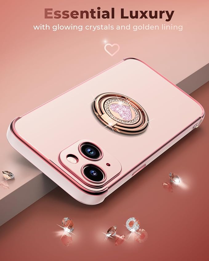 XYZ for iPhone 14 Case with Stand, Phone Case with Double Ring Kickstand, Women Girls Bling Luxury Protective Case Heart for iPhone 14, Pink