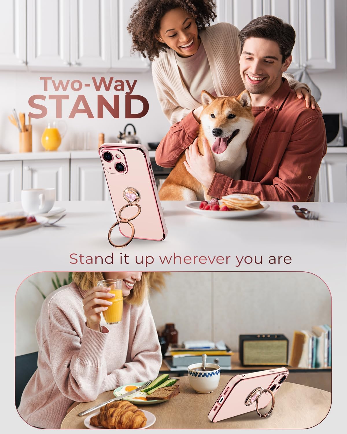XYZ for iPhone 14 Case with Stand, Phone Case with Double Ring Kickstand, Women Girls Bling Luxury Protective Case Heart for iPhone 14, Pink
