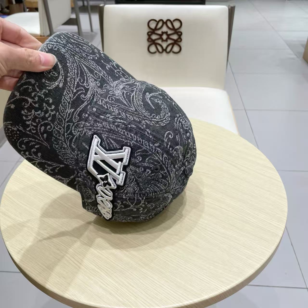 Baseball cap with dark print denim