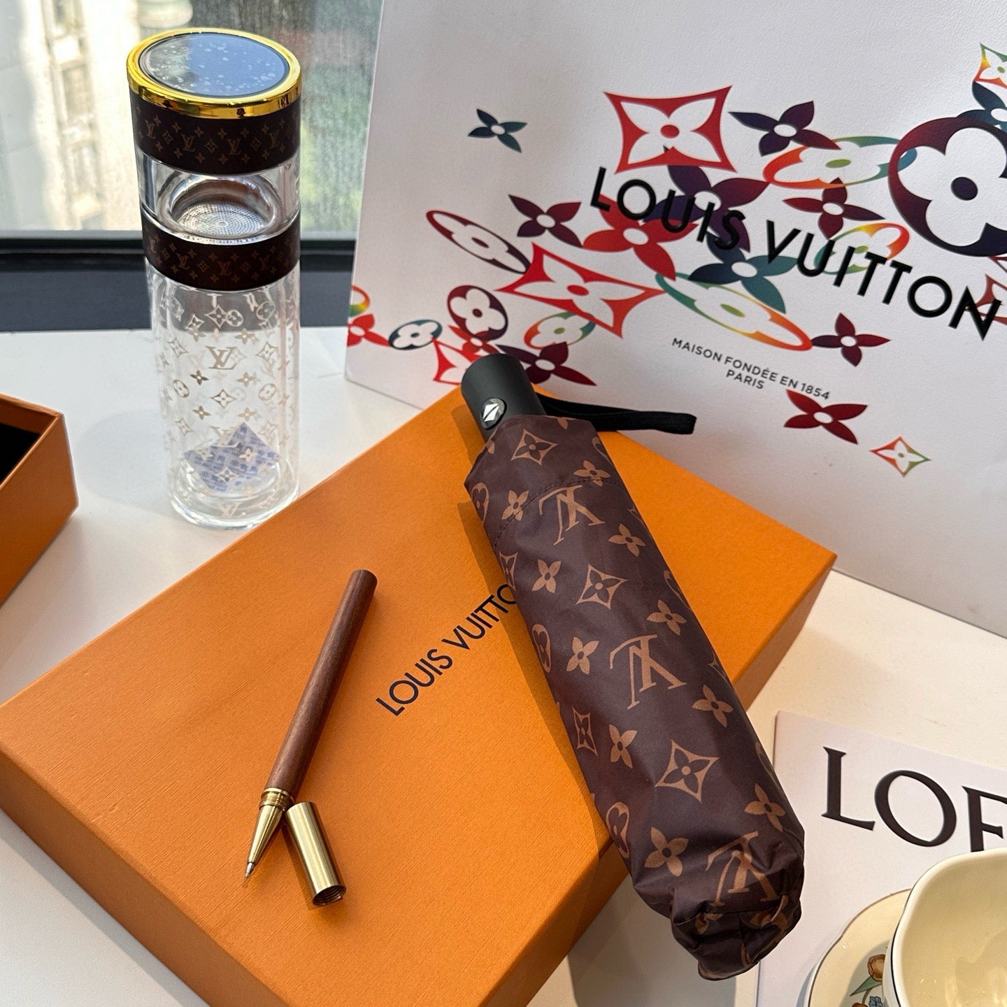 3-piece set of glass cups ➕ ballpoint pen ➕ Super wind resistant 8-bone sunny umbrella