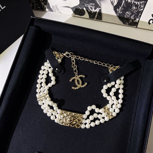 Golden three-layer bag pearl necklace