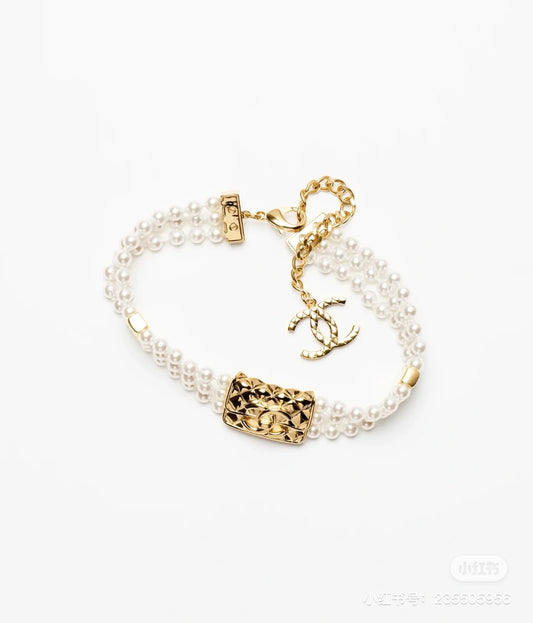 Golden three-layer bag pearl necklace
