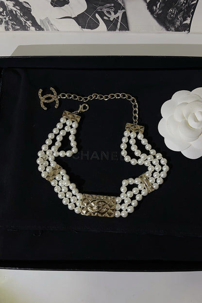 Golden three-layer bag pearl necklace
