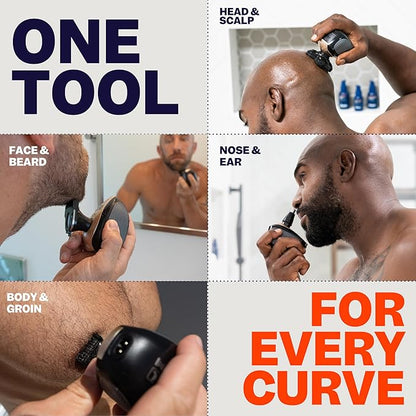 Electric Head & Body Hair Shaver - Mens Cordless Rechargeable Wet/Dry Skull Bald Head Back & Groin Waterproof Razor with Rotary Blades, Clippers, Nose Trimmer, Brush, Massager