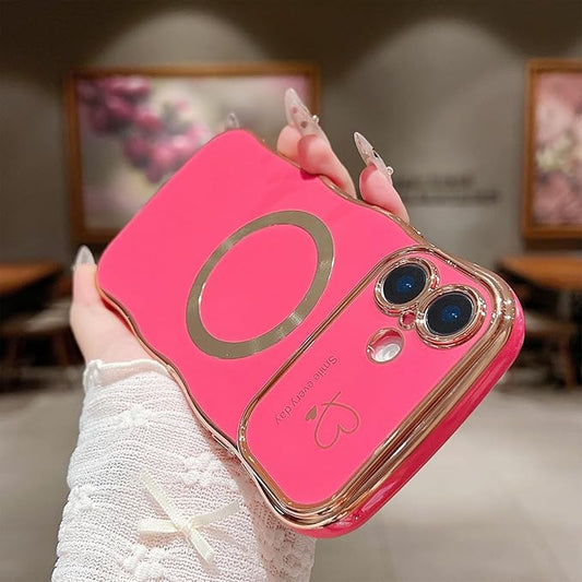 for iPhone 16 Case Magnetic,for Women Girls Soft Cute Wave Frame Curly Shape Love Heart Luxury Plating Phone Case Compatible with MagSafe Shockproof Back Cover 6.1"