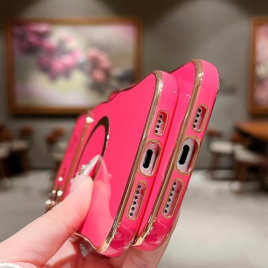 for iPhone 16 Case Magnetic,for Women Girls Soft Cute Wave Frame Curly Shape Love Heart Luxury Plating Phone Case Compatible with MagSafe Shockproof Back Cover 6.1"