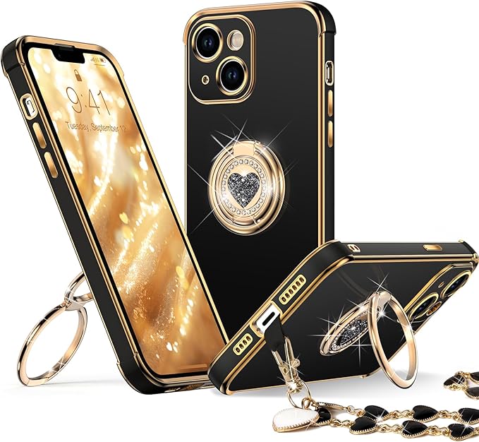 XYZ for iPhone 14 Case with Stand, Phone Case with Double Ring Kickstand, Women Girls Bling Luxury Protective Case Heart for iPhone 14, Pink