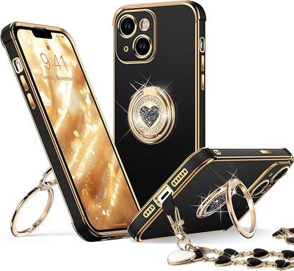 XYZ for iPhone 14 Case with Stand, Phone Case with Double Ring Kickstand, Women Girls Bling Luxury Protective Case Heart for iPhone 14, Pink