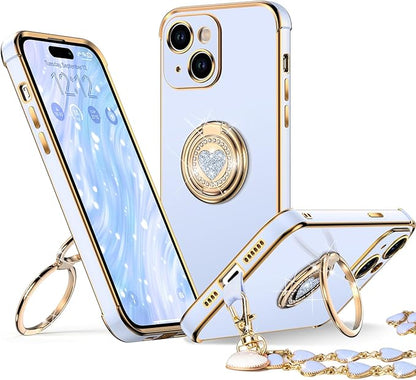 XYZ for iPhone 14 Case with Stand, Phone Case with Double Ring Kickstand, Women Girls Bling Luxury Protective Case Heart for iPhone 14, Pink